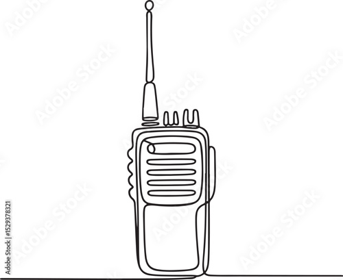 Continuous line drawing of a handheld two-way radio with antenna in minimalist black and white single line art style

