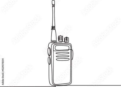 Continuous line drawing of a handheld two-way radio with antenna in minimalist black and white single line art style

