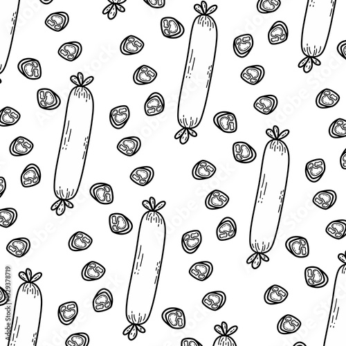 Seamless repeating pattern of hand-drawn red sausages on a white background. Fun and quirky food-themed design suitable for packaging, fabric, kitchen wallpaper, wrapping paper, and culinary projects.