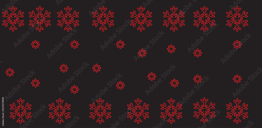 A dark background with multiple rows of red floral shapes and geometric patterns in a repeating design