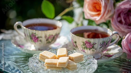Afternoon tea with floral porcelain tea set, pretty sponge cakes, teatime set amid English garden roses in dappled countryside light