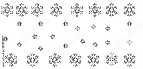 A pattern of snowflakes and stars arranged in rows on a white background creating a wintery scene design
