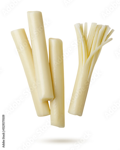 Cheese string cheese sticks flying on a white background. Isolated