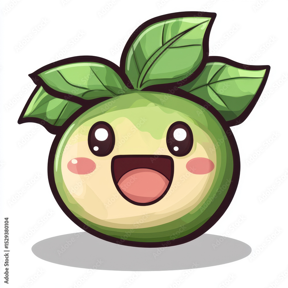 Obraz premium Happy Green Cartoon Fruit Character with Leaves