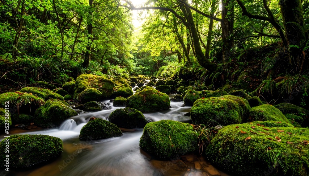 Obraz premium Mossy stream with lush forest.