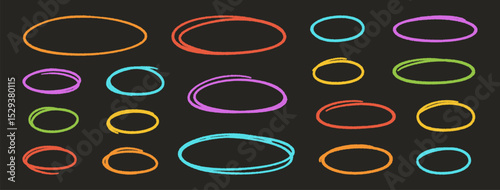 Crayon multicolored outline ovals or ellipses set. Pencil hand drawn emphasis elements, freehand line art frames. Doodle style chalk sketches, round shapes on black background. Vector illustration