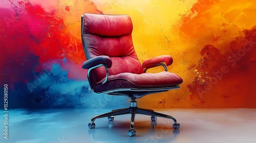 Comfortable Red Office Chair on Colorful Abstract Background