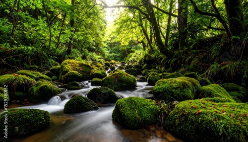 Mossy stream with lush forest.