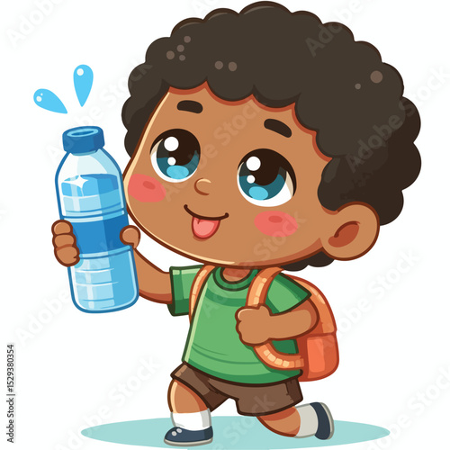 Cute thirsty boy cartoon vector drinking water from bottle