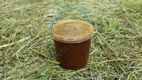Buckwheat honey in a plastic bucket