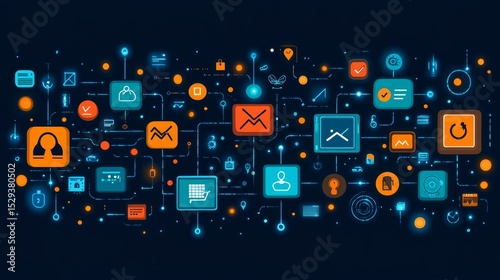 Digital Network Interface with Icons and Symbols for Technology