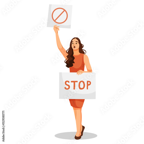 Woman holding protest signs with stop and prohibition symbols, flat cartoon style on white background. Concept of activism and demonstration. Vector illustration