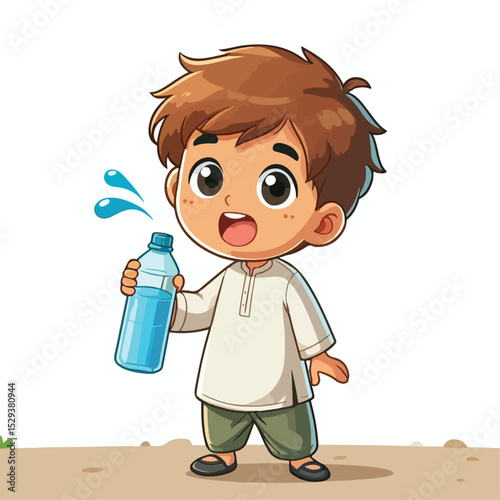 Cute thirsty boy cartoon vector drinking water from bottle