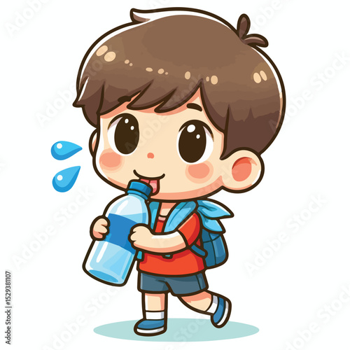 Cute thirsty boy cartoon vector drinking water from bottle