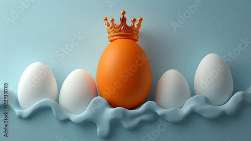 Orange Egg with Crown Surrounded by White Eggs on Blue Background