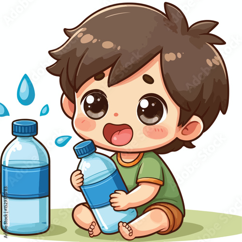 Cute thirsty boy cartoon vector drinking water from bottle