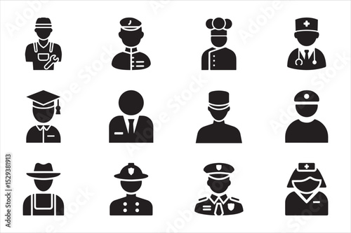 Silhouette Worker Professions Icon Set – Black Vector People Occupation Symbols