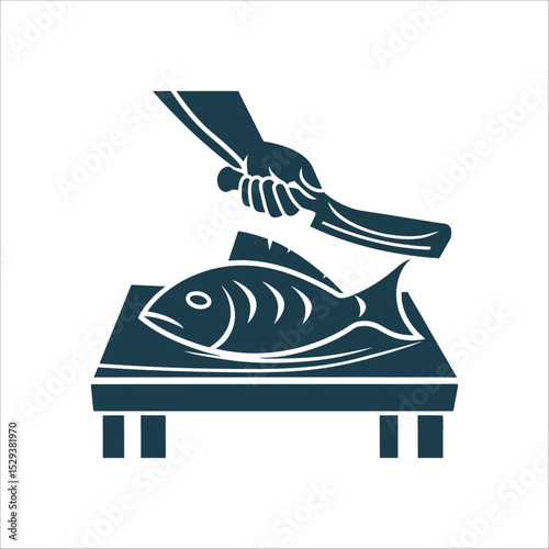 Hand with Ulu Knife Cutting Fish Vector