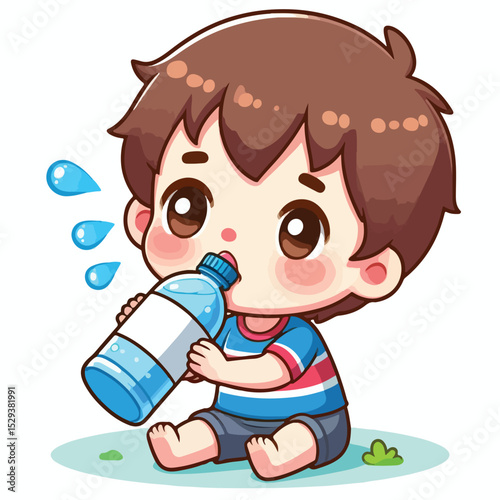 Cute thirsty boy cartoon vector drinking water from bottle
