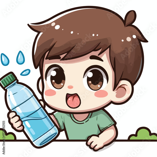 Cute thirsty boy cartoon vector drinking water from bottle
