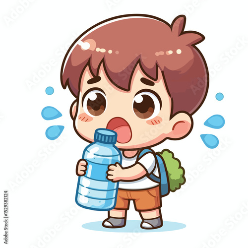 Cute thirsty boy cartoon vector drinking water from bottle