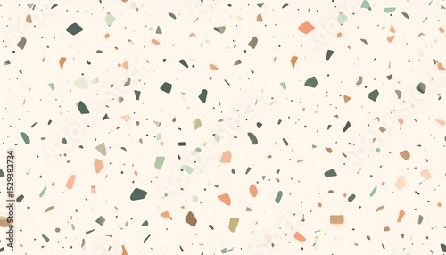 Seamless terrazzo pattern with colorful stone chips on neutral pastel background — tileable and scalable for fabric or interior use