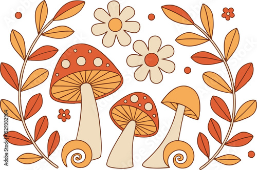 Retro styled illustration featuring whimsical mushrooms and flowers against a white backdrop