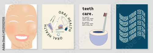 set oral health poster with girl with a big smile on her face, breath spray, dental floss, toothpaste, toothbrush, mouthwash, electic toothbrush, breath fresher, tongue cleaner vector illustration