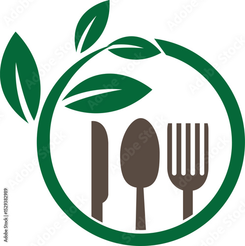 Minimalist green circular design with two leaves and dark brown silhouettes of a knife, spoon, and fork. Represents harmony between dining and nature, emphasizing sustainability