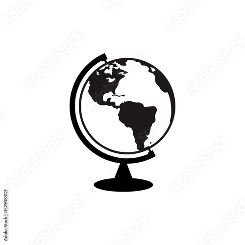 Simple Black and White Earth Globe Illustration, World Map Icon. This image features a simple, minimalist illustration of the Earth globe.