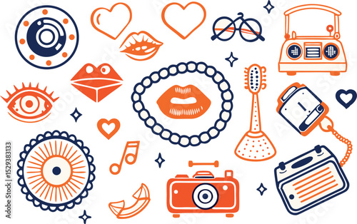 Retro themed vector elements in orange and blue colors on a white background