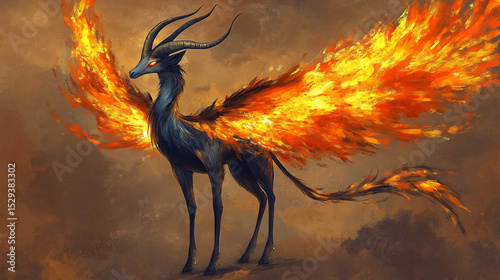 Mystical creature with blazing wings and glowing eyes depicted in vibrant artistic illustration