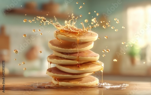 Suspended stack of fluffy pancakes bursting with golden maple syrup droplets over a softly blurred country kitchen backdrop