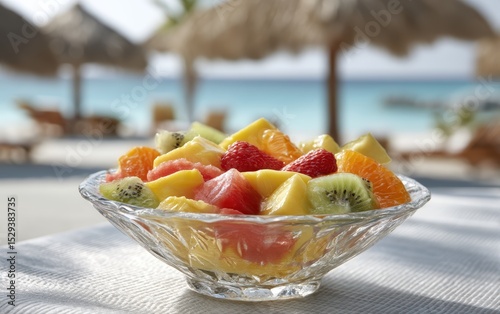 Vibrant tropical fruit salad of mango, pineapple and kiwi in a glass dish with softly blurred beachside cabana background