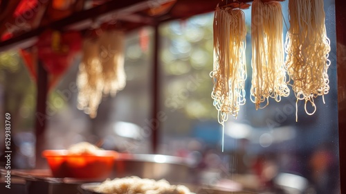 Weightless pad thai noodles with peanut sauce arcs against a softly blurred street food stall background