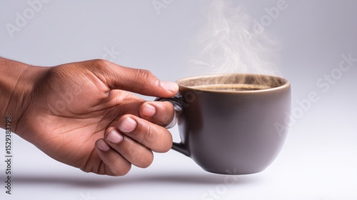 Clean commercial photograph of a human hand on a white background holding a steaming coffee mug