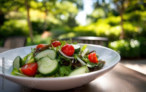 Fresh garden salad of mixed greens, cherry tomatoes and cucumber in a white bowl with softly blurred sunlit outdoor patio background