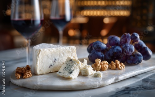 Gourmet cheese board with brie, blue cheddar, grapes and walnuts on a marble surface with softly blurred wine cellar background
