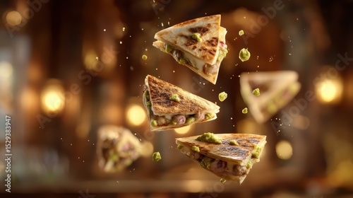 Floating quesadilla wedges with guacamole dollop splatters against a softly blurred Mexican cantina background