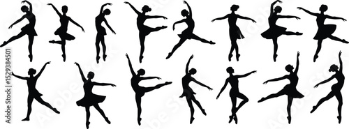 Set of elegant ballet dancer silhouettes, graceful ballerinas in classic dance positions, isolated on white background, vector illustration for art and performance design.