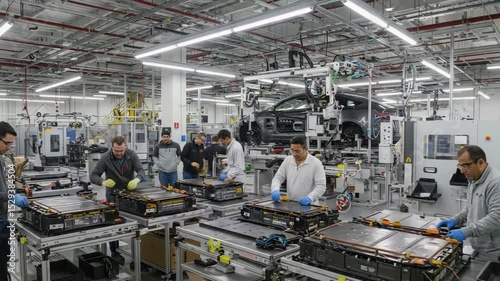 Electric Vehicle Battery Assembly Line Workers
