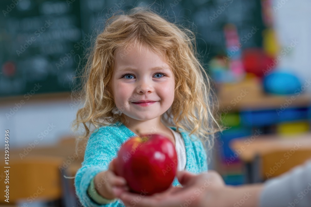 Fototapeta premium A sweet little girl with curly blonde hair offers a shiny red apple to someone, standing in a classroom with a chalkboard in the background, smiling sweetly.