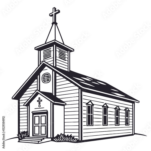 Illustration of a rustic wooden church with a steeple and cross, surrounded by grass and trees, symbolizing faith and community in a serene environment