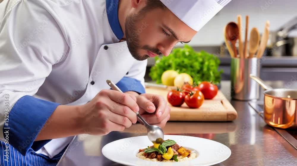 Professional chef plating gourmet dish in restaurant kitchen. Culinary expert garnishing meal with fresh herbs and vegetables. Fine dining preparation, hospitality industry expertise, commercial Professional chef plating gourmet dish in restaurant kitchen. Culinary expert garnishing meal with fresh herbs and vegetables. Fine dining preparation, hospitality industry expertise, commercial
