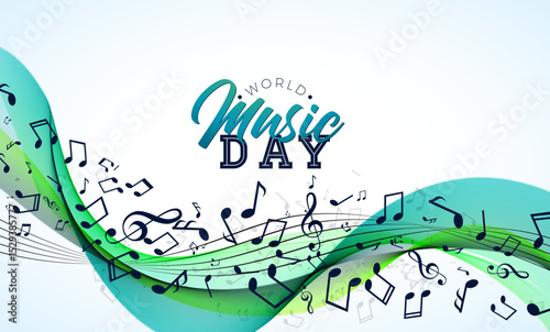 World Music Day Banner Illustration with Musical Notes and Typography Letter on White Background. Vector International June 21 Festival Design Template for Post Card, Greeting Card, Holiday Poster