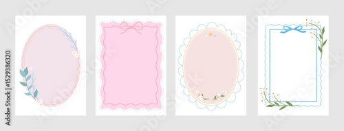 Set of delicate frames with flowers, bows and plants isolated on white background. Vector illustration.
