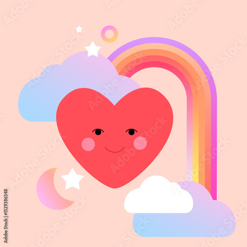 Cute heart with rainbow, clouds and moon on beige background. Vector flat illustration.