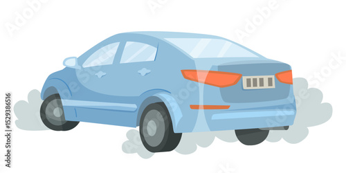 Blue car emitting smoke from exhaust on white background, flat cartoon style. Concept of air pollution, vehicle emissions, and noise impact. Vector illustration