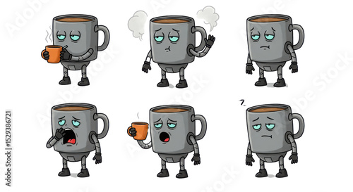 Cartoon robot mug character with different expressions isolated PNG with Transparent Background