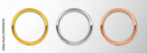 3d realistic vector icon illustration. Set of metallic circles in gold, silver and bronze